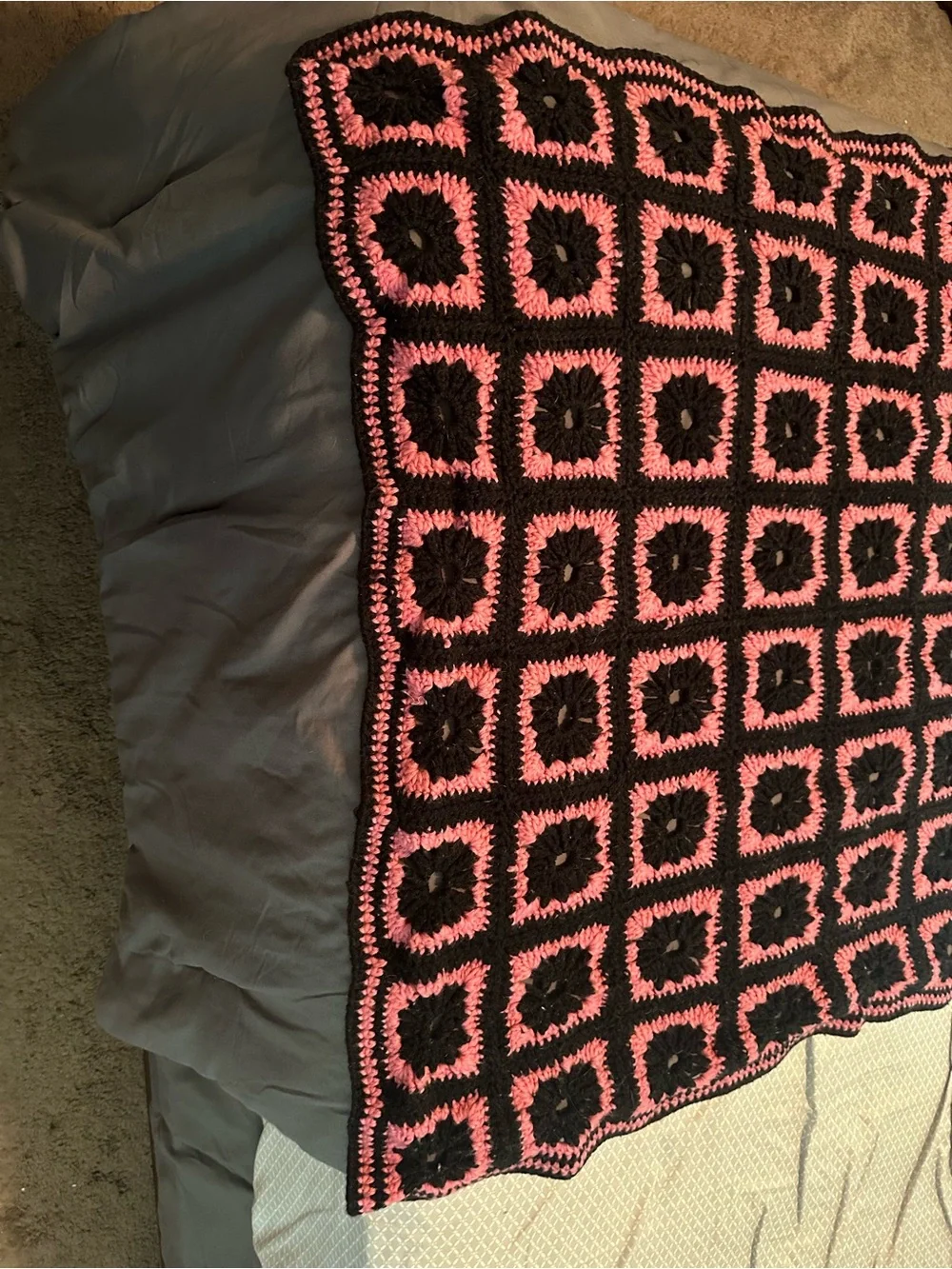 Handmade Crochet Granny Square Blanket - Black & Pink